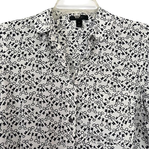 J.Crew Women’s White Silk Button-Up Shirt – Black Key Print, Club Collar Size 0 - Picture 3 of 9